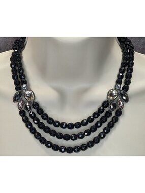 Glam Goth Black Triple-Strand Beaded Necklace With Crystal Accents